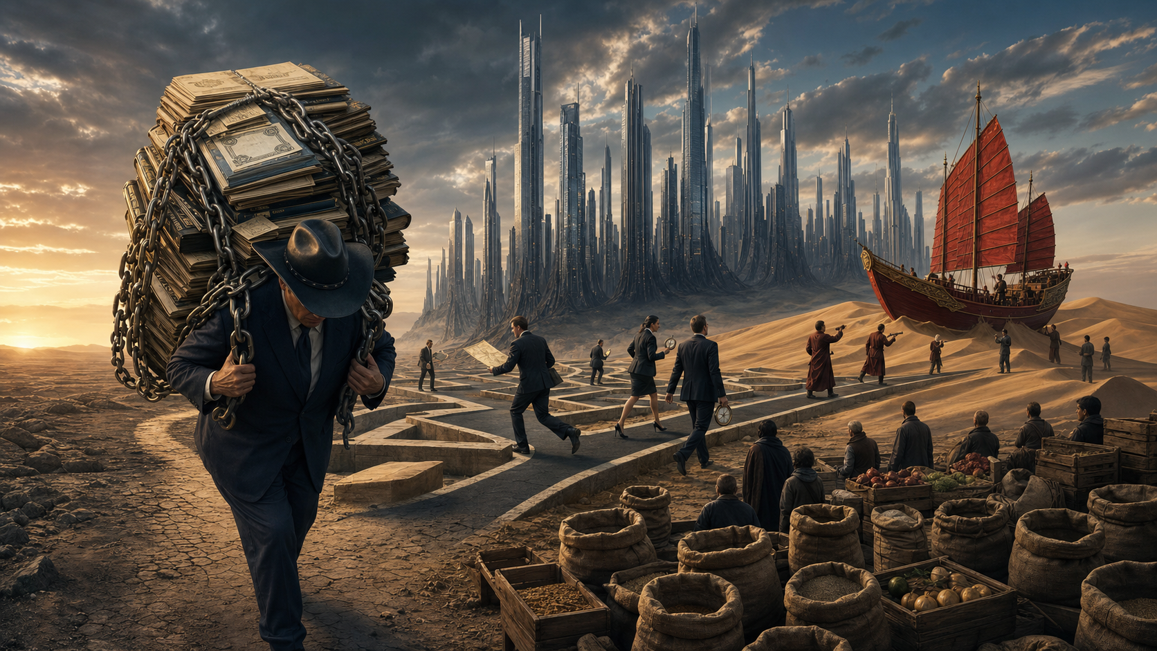 Allegory of the global economy under debt and geopolitical pressure